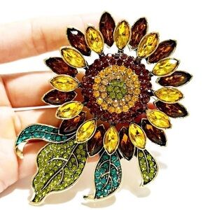Elegant Sunflower Brooch with Yellow and Green Crystals Metal Base
